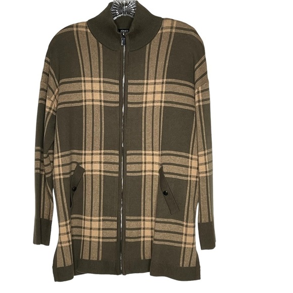 JONES NEW YORK Green Tan Plaid Zip-up Cardigan Sweater Jacket Women's Size S - Picture 1 of 16